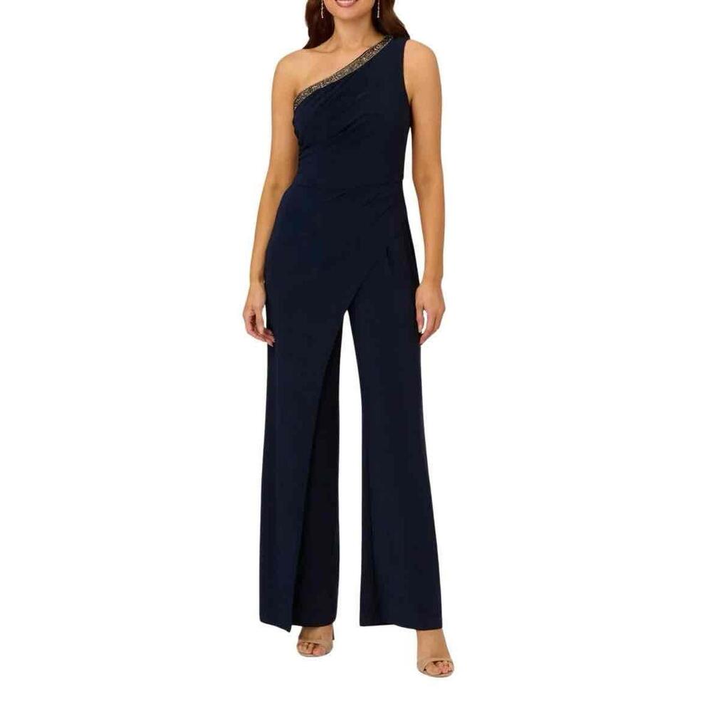 Adrianna Papell Womens Navy Embellished Wide-leg Formal Cape Jumpsuit Size 2 New